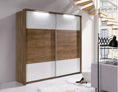 Nowoczesna szafa dwudrzwiowa z praktycznym oświetleniem wnętrza, szufladami, drążkami i półkami