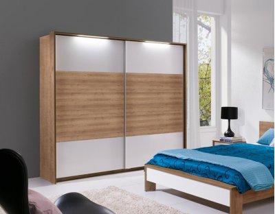Szafa dwukolorowa przeswuna do sypialni. Biały + dąb riviera, 2 drążki, 2 szuflady, dużo półek, oświetlenie led