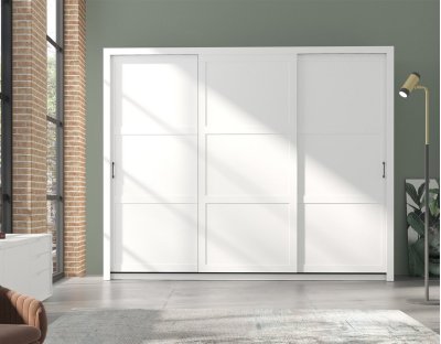 Nowoczesna szafa przesuwna trzydrzwiowa Flavio z uchwytami 255cm duża, drążek, dużo półek, biała