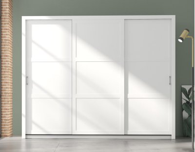 Nowoczesna szafa przesuwna trzydrzwiowa Flavio z uchwytami 255cm duża, drążek, dużo półek, biała