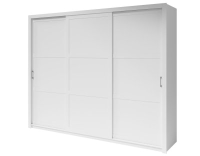 Nowoczesna szafa przesuwna trzydrzwiowa Flavio z uchwytami 255cm duża, drążek, dużo półek, biała