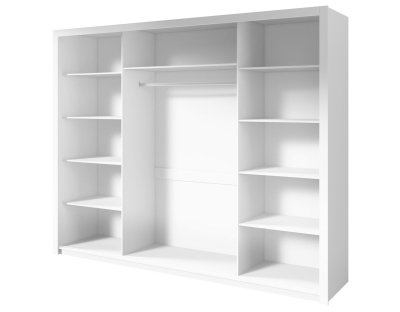 Nowoczesna szafa przesuwna trzydrzwiowa Flavio z uchwytami 255cm duża, drążek, dużo półek, biała