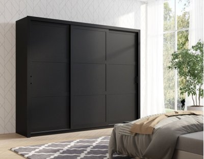 Nowoczesna szafa przesuwna trzydrzwiowa Flavio z uchwytami 255cm duża, drążek, dużo półek, czarna