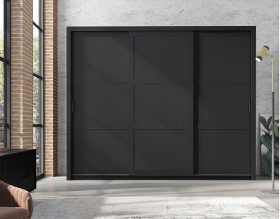 Nowoczesna szafa przesuwna trzydrzwiowa Flavio z uchwytami 255cm duża, drążek, dużo półek, czarna