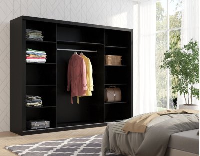 Nowoczesna szafa przesuwna trzydrzwiowa Flavio z uchwytami 255cm duża, drążek, dużo półek, czarna