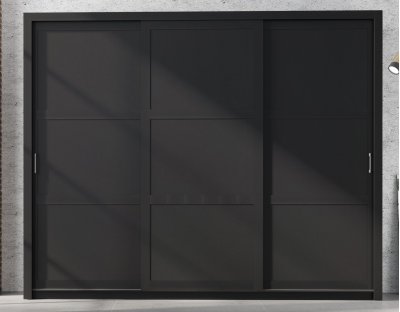 Nowoczesna szafa przesuwna trzydrzwiowa Flavio z uchwytami 255cm duża, drążek, dużo półek, czarna