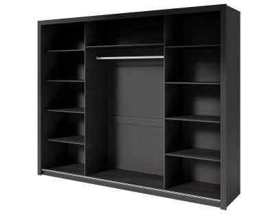 Nowoczesna szafa przesuwna trzydrzwiowa Flavio z uchwytami 255cm duża, drążek, dużo półek, czarna