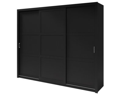 Nowoczesna szafa przesuwna trzydrzwiowa Flavio z uchwytami 255cm duża, drążek, dużo półek, czarna