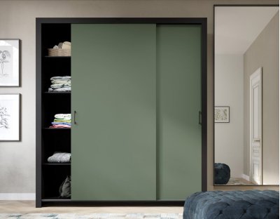 dymiona zieleń, szafa w kolorze oliwkowym, zielonym flavio 185cm, półki, drążek, przesuwna, nowoczesna