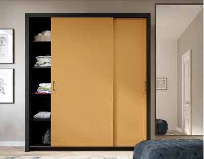 Głębia sahary, szafa w kolorze musztardowym flavio 185cm, półki, drążek, przesuwna, nowoczesna