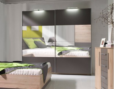 Szafa do sypialni, przedpokoju. Praktyczna szafa przesuwna z oświetleniem led i lustrem. Dario 225cm szara