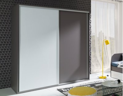 Szafa przesuwna ZINA 206cm, szary, popiel, biały połysk. Nowoczesna szafa do pokoju młodzieżowego lub biura.