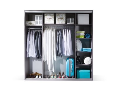 Szafa przesuwna ZINA 206cm, szary, popiel, biały połysk. Nowoczesna szafa do pokoju młodzieżowego lub biura.