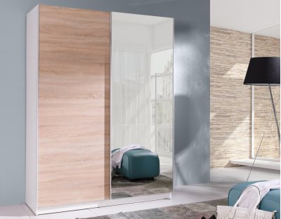 Prosta szafa z długim drążkiem basilio 150cm, do garderoby, do przedpokoju. Szafa biała / dąb sonoma 150cm z lustrem