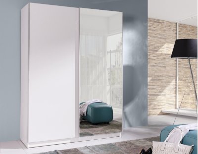 Prosta szafa z długim drążkiem basilio 150cm, do garderoby, do przedpokoju. Szafa biała / dąb sonoma 150cm z lustrem