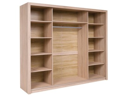 Duża szafa przesuwna trzydrzwiowa dąb sonoma, dużo półek, drażek, praktyczna szafa w kolorach : biała, czarna, szara