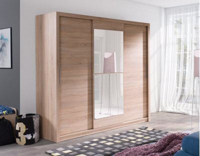 Duża szafa przesuwna trzydrzwiowa z lustrem dąb sonoma, dużo półek, drażek, praktyczna szafa w kolorach : biała, czarna, szara