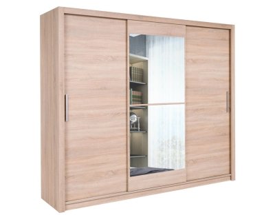 Duża szafa przesuwna trzydrzwiowa z lustrem dąb sonoma, dużo półek, drażek, praktyczna szafa w kolorach : biała, czarna, szara