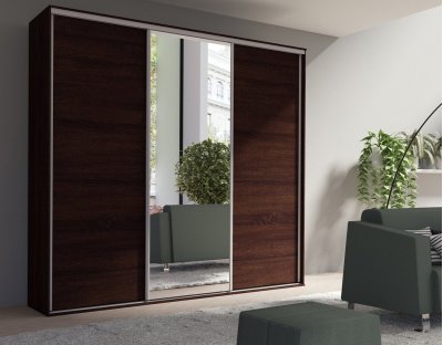 Duża i praktyczna szafa przesuwna do garderoby, sypialni. Trzydrzwiowa szafa GIULIA z lustrem 277cm dąb sonoma czekolada
