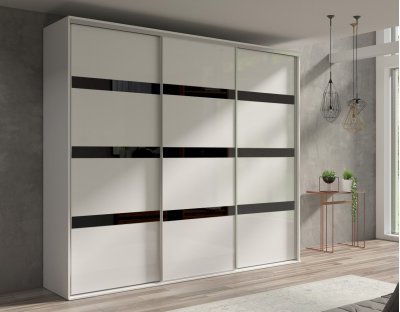 Szafa przesuwna duża biała z czarną szybą lacobel paski 277cm trztydrzwiowa