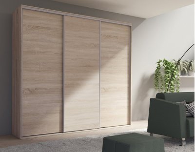 Duża i praktyczna szafa przesuwna do garderoby, sypialni. Trzydrzwiowa szafa GIULIA pojemna 254cm dąb sonoma
