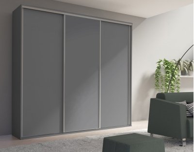 Duża i praktyczna szafa przesuwna do garderoby, sypialni. Trzydrzwiowa szafa GIULIA pojemna 254cm szara