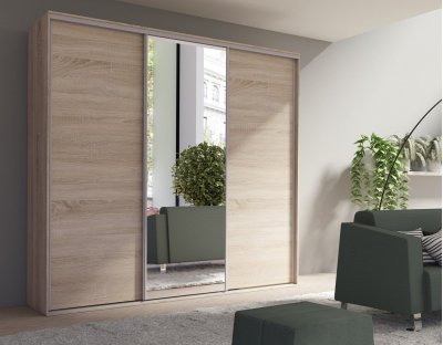 Duża i praktyczna szafa przesuwna do garderoby, sypialni. Trzydrzwiowa szafa GIULIA z lustrem 254cm dąb sonoma