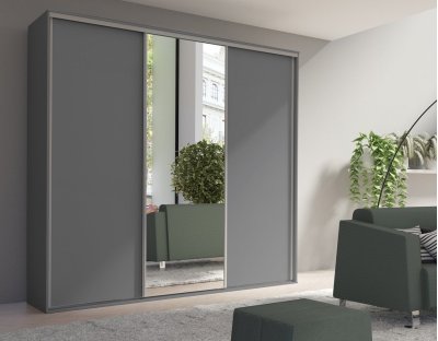Duża i praktyczna szafa przesuwna do garderoby, sypialni. Trzydrzwiowa szafa GIULIA z lustrem 254cm szara