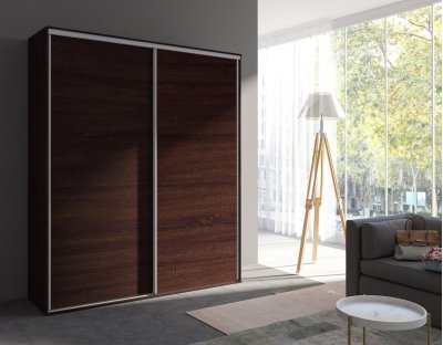 Szafa przesuwna dwudrzwiowa z drążkiem i półkami. Trwała i praktyczna szafa 204cm dąb sonoma czekolada