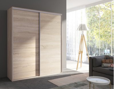 Szafa przesuwna dwudrzwiowa z drążkiem i półkami. Trwała i praktyczna szafa 204cm dąb sonoma