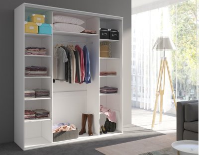 Szafa Giulia 204cm z lustrem. Szafa przesuwna do przedpokoju z drążkiem i praktycznymi półkami. wnętrze