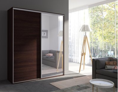 Szafa Giulia 204cm z lustrem. Szafa przesuwna do przedpokoju z drążkiem i praktycznymi półkami. dąb sonoma czekolada