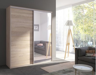 Szafa Giulia 204cm z lustrem. Szafa przesuwna do przedpokoju z drążkiem i praktycznymi półkami. dąb sonoma