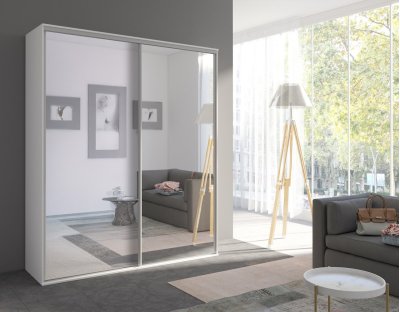 Szafa Giulia 204cm z lustrami. Szafa przesuwna do przedpokoju z drążkiem i praktycznymi półkami. biała