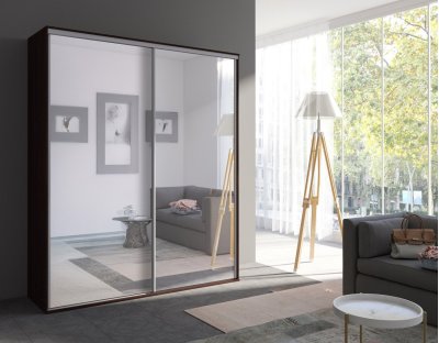 Szafa Giulia 204cm z lustrami. Szafa przesuwna do przedpokoju z drążkiem i praktycznymi półkami. czekolada