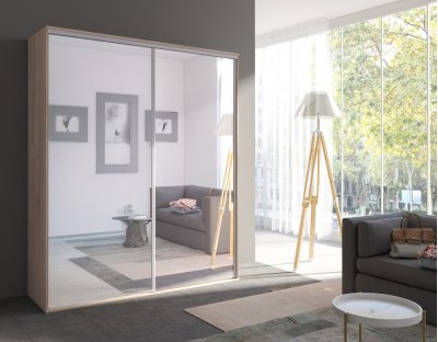 Szafa Giulia 204cm z lustrami. Szafa przesuwna do przedpokoju z drążkiem i praktycznymi półkami. dąb sonoma