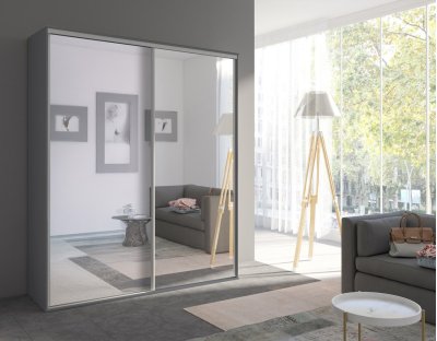 Szafa Giulia 204cm z lustrami. Szafa przesuwna do przedpokoju z drążkiem i praktycznymi półkami. szara