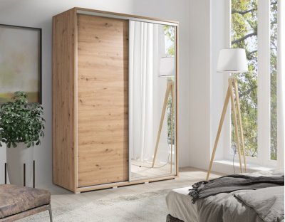 Szafa przesuwna do przedpokoju, sypialni, salonu PAOLA 155cm z długim drążkiem i półkami dwudrzwiowa z lustrem