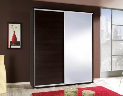 Szafa przesuwna do przedpokoju, sypialni, salonu PAOLA 155cm z długim drążkiem i półkami dwudrzwiowa z lustrem