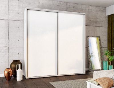 Szafa przesuwna dwudrzwiowa 205cm klasyczna, praktyczne wnętrze szafy dwa drażki, półki biała