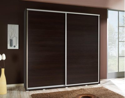 Szafa przesuwna dwudrzwiowa 205cm klasyczna, praktyczne wnętrze szafy dwa drażki, półki kasztan wenge