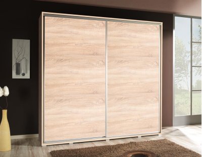 Szafa przesuwna dwudrzwiowa 205cm klasyczna, praktyczne wnętrze szafy dwa drażki, półki dąb sonoma