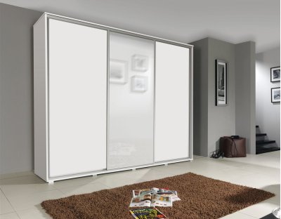 Klasyczna biala szafa przesuwna duża i pojemna, praktyczne wnętrze, 2 drażki, 3 szuflady