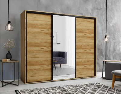 Industrialna szafa przesuwna, duża, 255cm, z szufladami, 2 drażkami i półkami. Duże lustro, trzydrzwiowa, loft