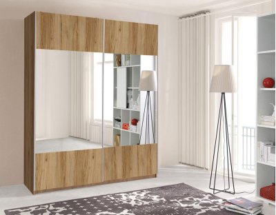 Szafa dwudrzwiowa 175cm z lustrem z drążkiem przesuwna dąb catania,  nowoczesna z półkami i drążkiem