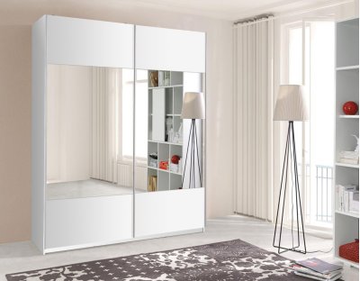 Szafa dwudrzwiowa 175cm z lustrem z drążkiem przesuwna biała, nowoczesna z półkami i drążkiem