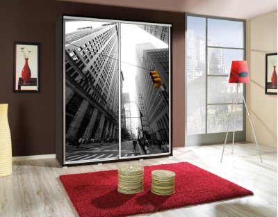 Szafa przesuwna do przedpokoju, sypialni, salonu PAOLA 155cm z długim drążkiem i półkami dwudrzwiowa z grafiką City miasto