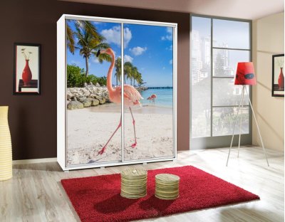 Szafa przesuwna młodzieżowa dziecięca z grafiką PAOLA 155cm z drążkiem FLAMING - różowy ptak na plaży