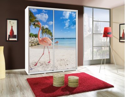 Szafa przesuwna młodzieżowa dziecięca z grafiką PAOLA 155cm z drążkiem FLAMING 2a - różowy ptak na plaży