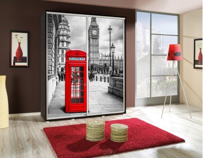 Szafa przesuwna do przedpokoju, sypialni, salonu PAOLA 155cm z długim drążkiem i półkami dwudrzwiowa z grafiką Londyn 3
